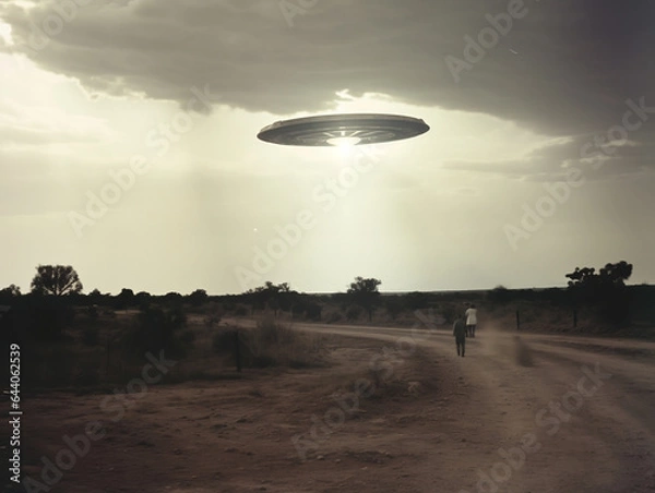 Obraz UFO hovers above people on a dirt road