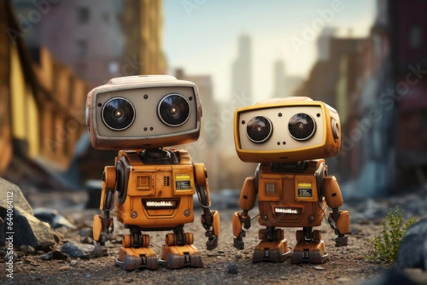 Fototapeta two small old retro robots, the concept of the future, technology development, artificial intelligence
