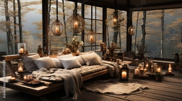 Fototapeta bedroom in a penthouse with a beautiful view from the window