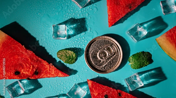Fototapeta Creative summer composition with watermelon, mint leaves, can of soda and ice cubes. Minimal watermelon drink concept.