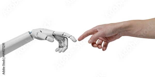 Obraz Human hand touching a robotic hand as in the painting "The Creation of Adam" isolated on white background. AI concept. 3d illustration.