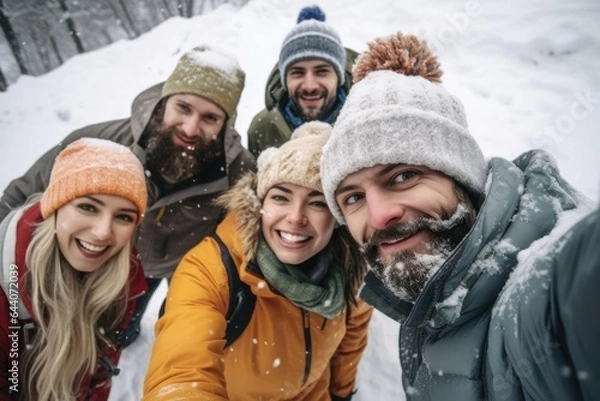 Fototapeta cropped shot of an unrecognizable group of friends posing for a selfie in the snow