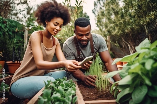 Fototapeta shot of a young couple using their smartphone as they do some gardening at home