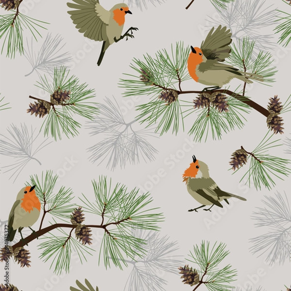 Obraz Seamless pattern with pine cones, spruce and birds on a gray background.