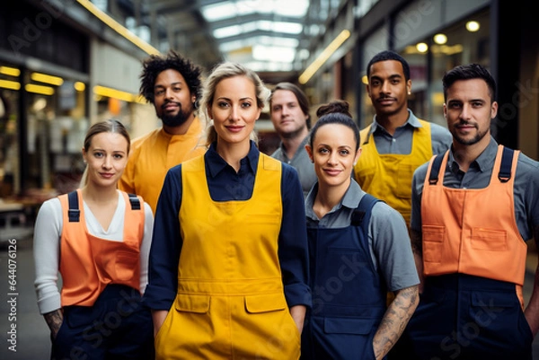 Fototapeta Generative ai male and female multiethnic blue collar workers posing indoors industry