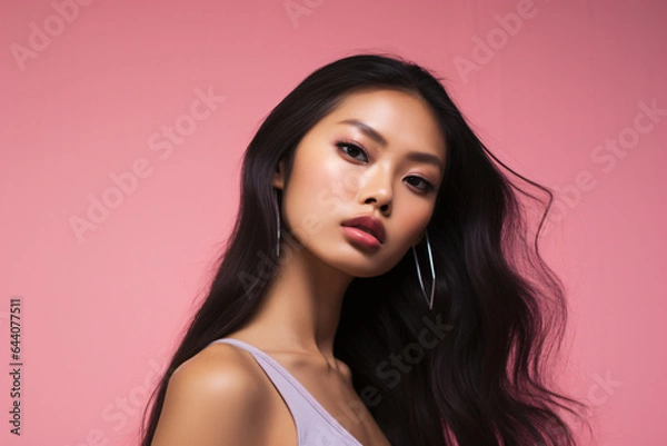 Obraz a beautiful Asian model poses against a solid-colored background