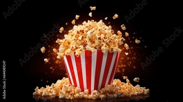 Fototapeta Red white popcorn bag with exploding popcorn in front of a dark background with popcorn scattered around. Movies, cinema, snacks, movie theater. Generative AI