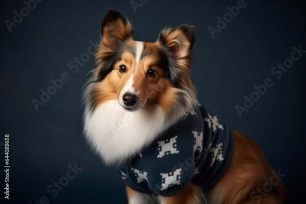 Fototapeta Lifestyle portrait photography of a funny shetland sheepdog wearing a festive sweater against a dark grey background. With generative AI technology