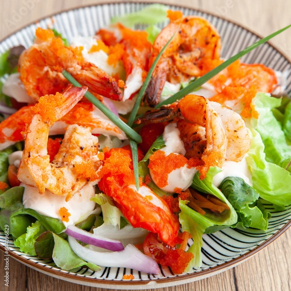 Fototapeta Shrimp, Ebiko and crab stick salad with yogurt dressing