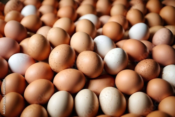 Fototapeta Organic chicken eggs as a background made with Generative AI