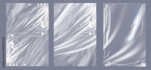 Fototapeta Collection transparant wrinkled plastic. Realistic mockup of clear polyethylene, crumpled elastic foil material isolated on transparent background. Vector illustration