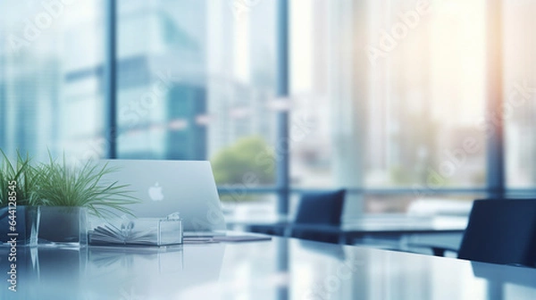 Fototapeta An elegant and minimalist blurred background image of a modern office with panoramic windows, creating a serene atmosphere.