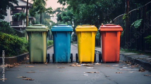 Fototapeta Colored containers for separate waste collection on the street. Caring about an environment, separating garbage into different containers