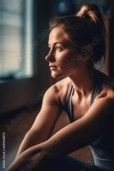 Obraz fitness, stretching and a woman in yoga ready to start exercise or workout at home