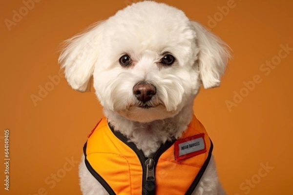 Fototapeta Headshot portrait photography of a funny bichon frise wearing a training vest against a beige background. With generative AI technology