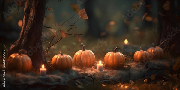 Fototapeta Halloween in a foggy autumn forest with a candle and pumpkins