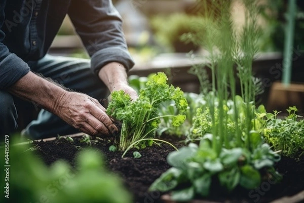 Fototapeta cropped shot of an unrecognizable man tending to her plants in a urban garden