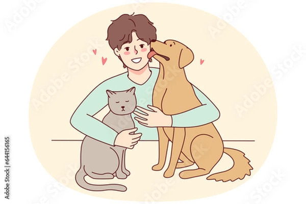 Fototapeta Happy man with cat and dog showing love and care. Smiling guy with pets enjoy domestic animals company. Vector illustration.