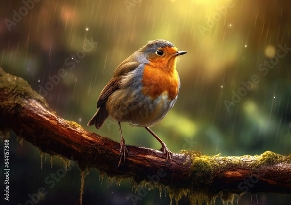 Obraz "Cheerful Robin Resting on a Branch". Digital Poster. AI generated.