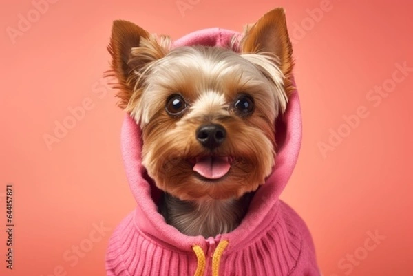 Fototapeta Close-up portrait photography of a funny yorkshire terrier wearing a jumper against a coral pink background. With generative AI technology