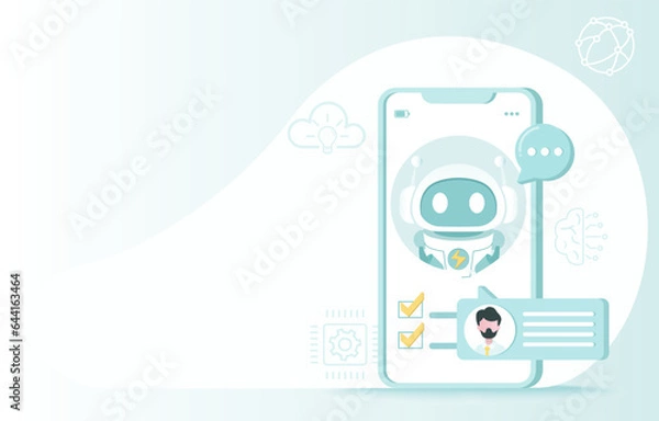 Fototapeta Artificial intelligence (AI) technology and online communication concept. AI robot assistant, communication, planning, thinking, brainstorming through chat message. Flat vector design illustration.