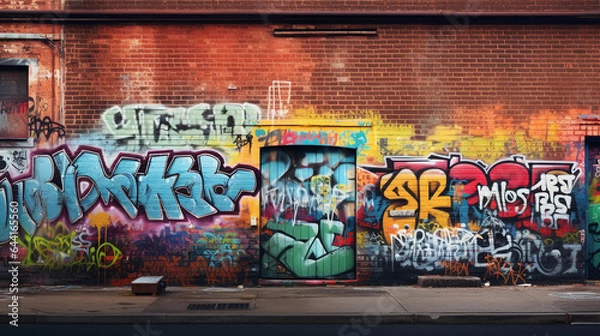 Fototapeta a graffiti - covered brick wall, vivid colors, layers of tags and street art, late afternoon sunlight, subtle shadows