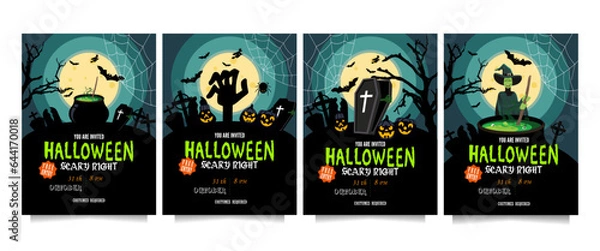 Fototapeta Halloween party invitations or greeting cards set with handwritten text, zombies, pumpkins, witches, graves and bats