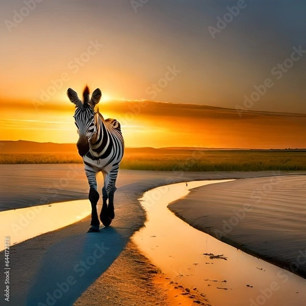 Fototapeta Zebra walking on the beach Created using generative AI tolls
