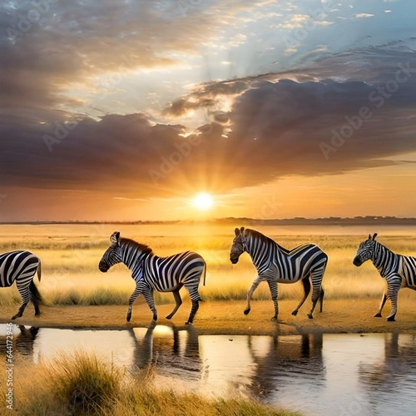 Fototapeta zebras in the savannah Created using generative AI tolls