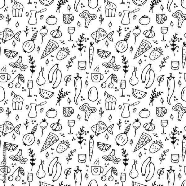 Fototapeta Hand drawn seamless pattern with different type of food and drinks. Doodle style. Healthy food