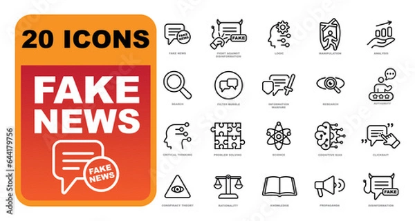 Obraz Fake news icons collection. Set of outline icons isolated on white background. Fights against fake news.