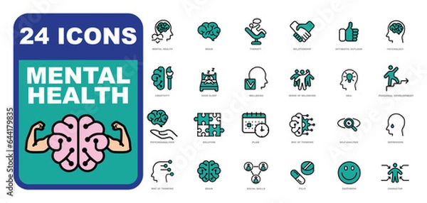 Obraz Mental health icon set. Thin outline icons. Mental Health Development and Care.