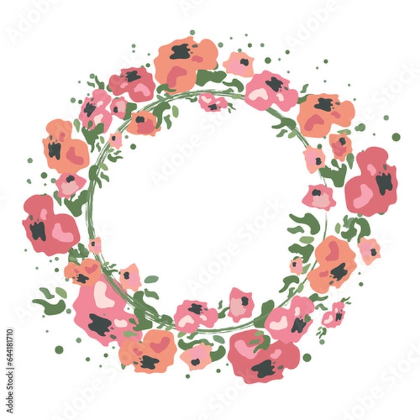 Obraz frame with flowers, pink and pale orange florets, wreath with siple flowers and dots