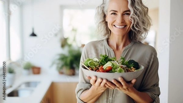 Obraz Aged woman smiling happily and holding a healthy vegetable salad bowl on blurred kitchen background, with copy space.