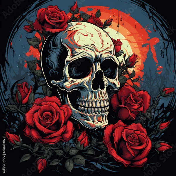 Obraz Skull surround with Dark Red Roses