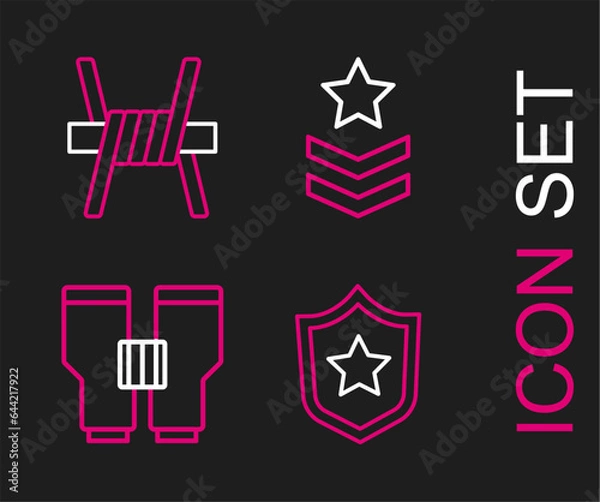 Fototapeta Set line Military reward medal, Binoculars, rank and Barbed wire icon. Vector