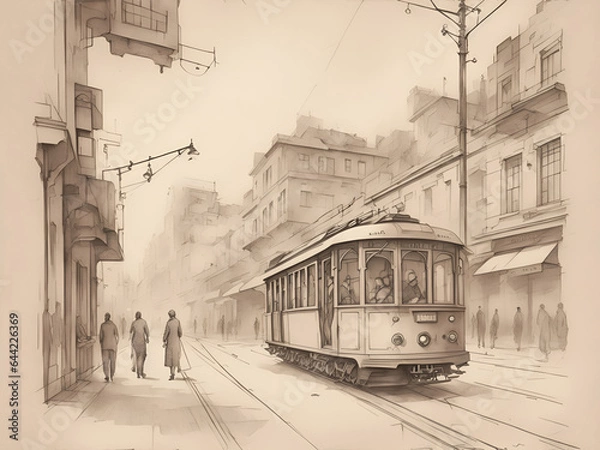 Fototapeta Fantastic street of old Istanbul with an old tram, people and an oriental bazaar. A sketch in the graphic style of wet ink.