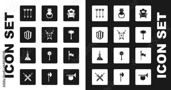 Fototapeta Set Medieval throne, shield with swords, Shield, Crossed arrows, Hammer, Poison in bottle, spear and Sword the stone icon. Vector