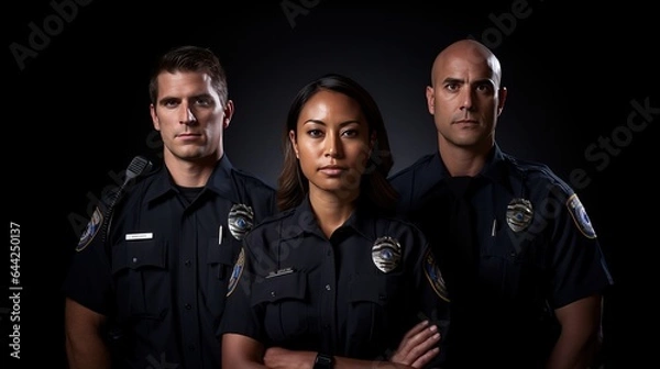 Obraz Police officers in the workplace. Portrait of confident officers of the law. Diversity. Generative AI.