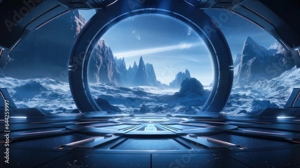Obraz Futuristic spaceship interior with large panoramic window.