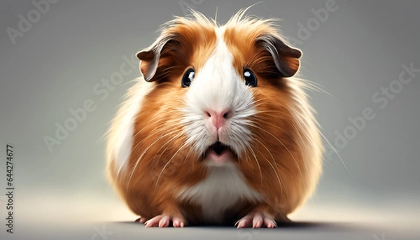 Fototapeta A surprised guinea pig with its fluffy cheeks puffed up, creating a comical and charming expression. Ideal for light-hearted pet content