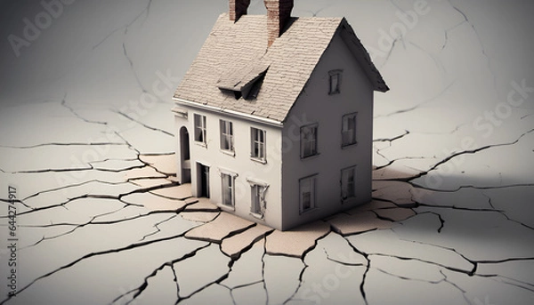 Obraz Cracks in the foundation of a home, housing market crash imagery. A house with structural cracks symbolizing economic downturn. Perfect for representing real estate crisis
