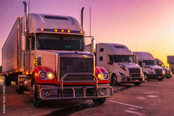 Fototapeta Parked American semi trucks at the rest area, on a vibrant sunset evening