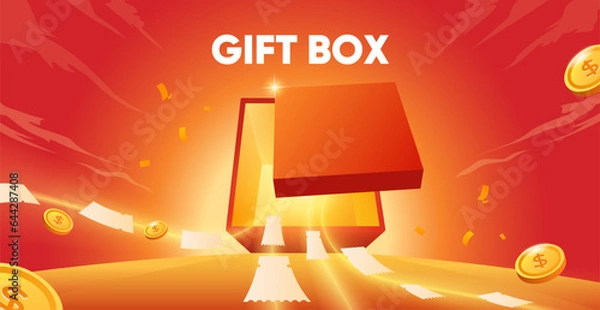 Fototapeta Vector open gift box top view with discount card and coin flying out