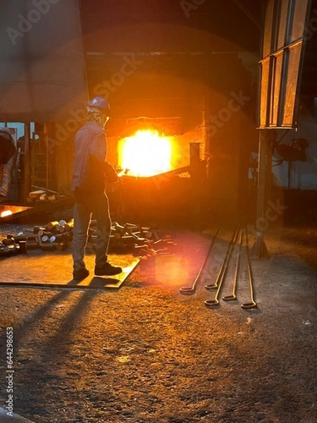 Fototapeta A blacksmith's furnace which uses a flame tongue with a metal rod.