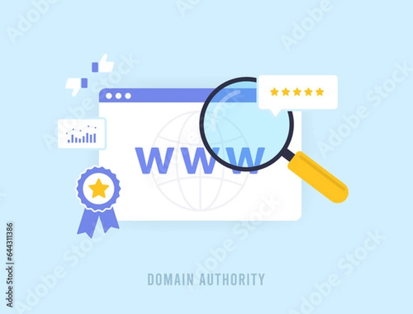 Fototapeta Domain Authority in SEO concept. Authority, Relevance and Trustworthiness in Aged Web Domains with Quality Backlinks. Vector illustration isolated on blue background with icons