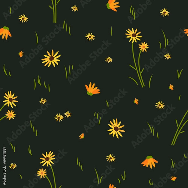 Fototapeta Vector seamless floral pattern. Yellow wild flowers on a dark background.