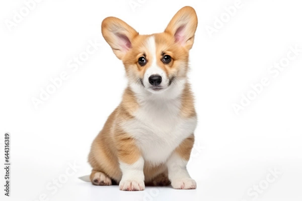 Obraz Small brown and white dog sitting on white surface. This picture can be used for pet-related articles or advertisements.