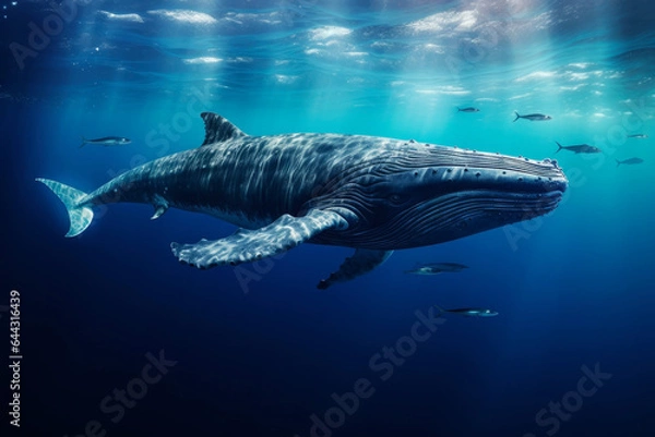 Fototapeta Beautiful blue whale in the ocean. Generative AI