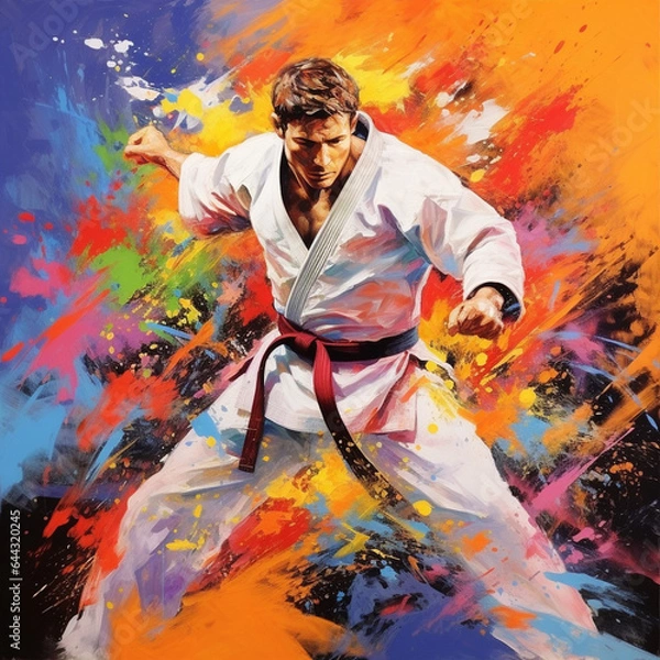 Fototapeta Colorful art design of the sport of karate in the style of paints and splashes